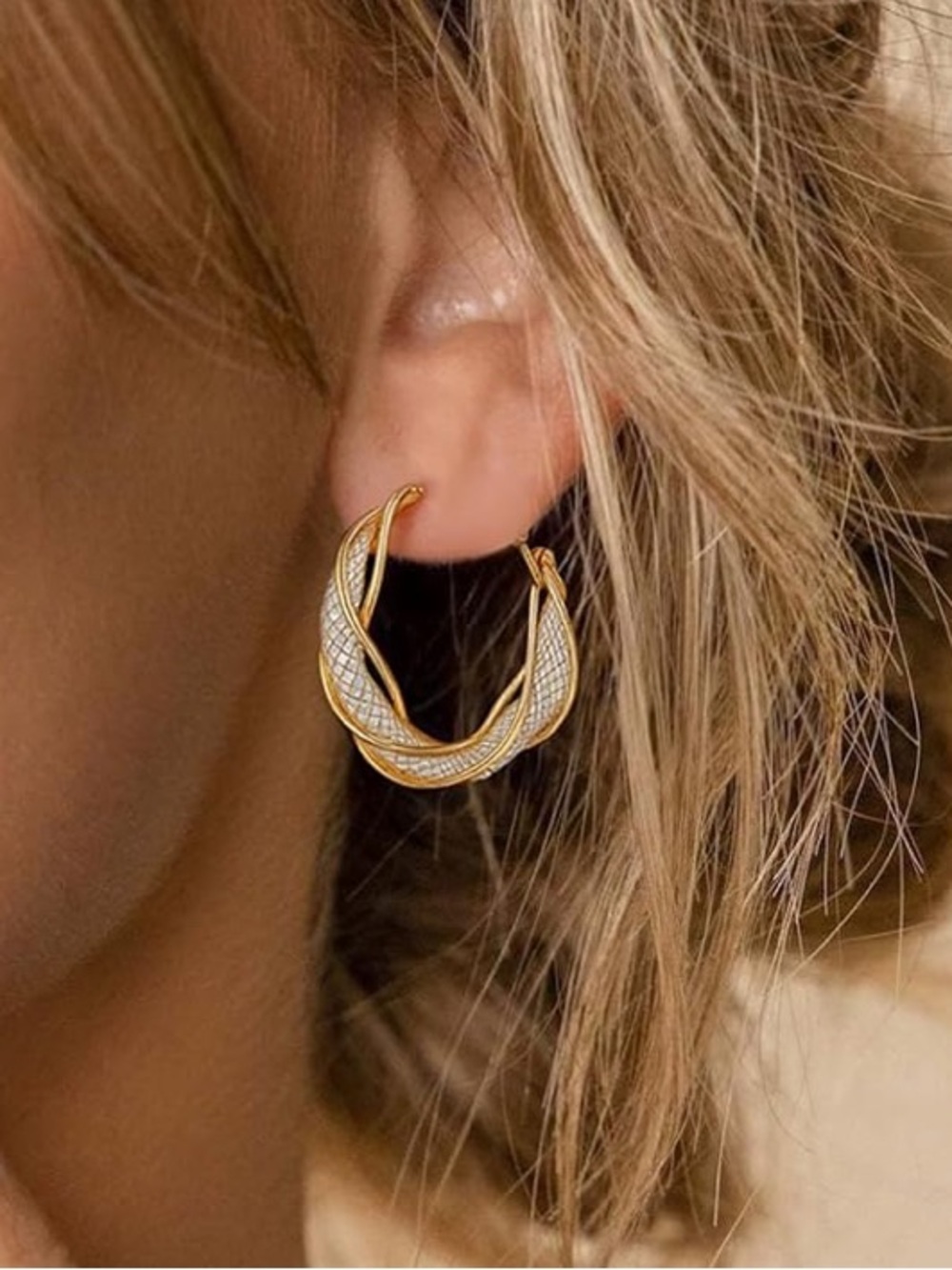 Anthropologie Gold Twisted Lattice Hoop Earrings - Picture 5 of 5